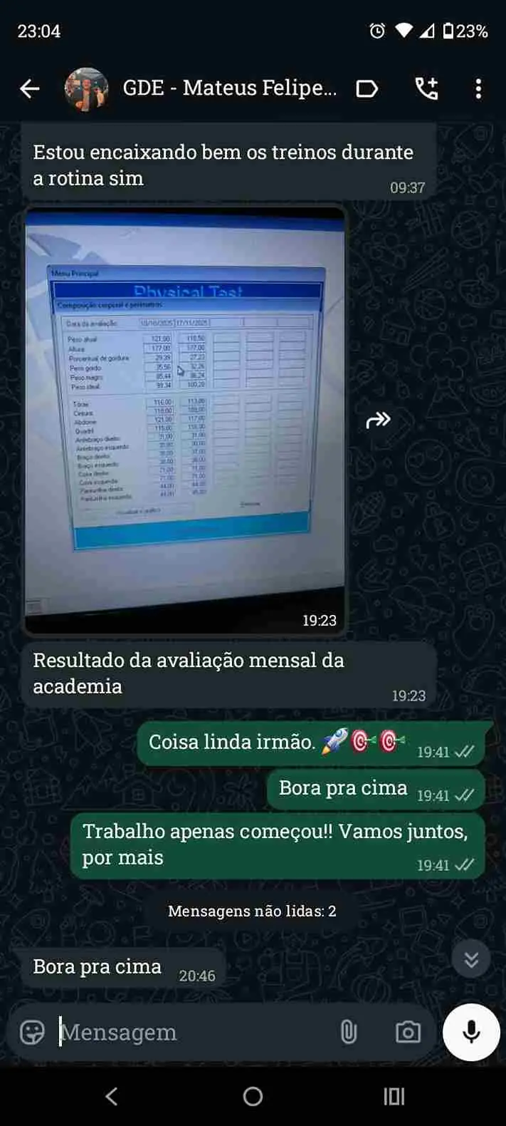 Print de WhatsApp: avaliação física mensal do aluno melhorando