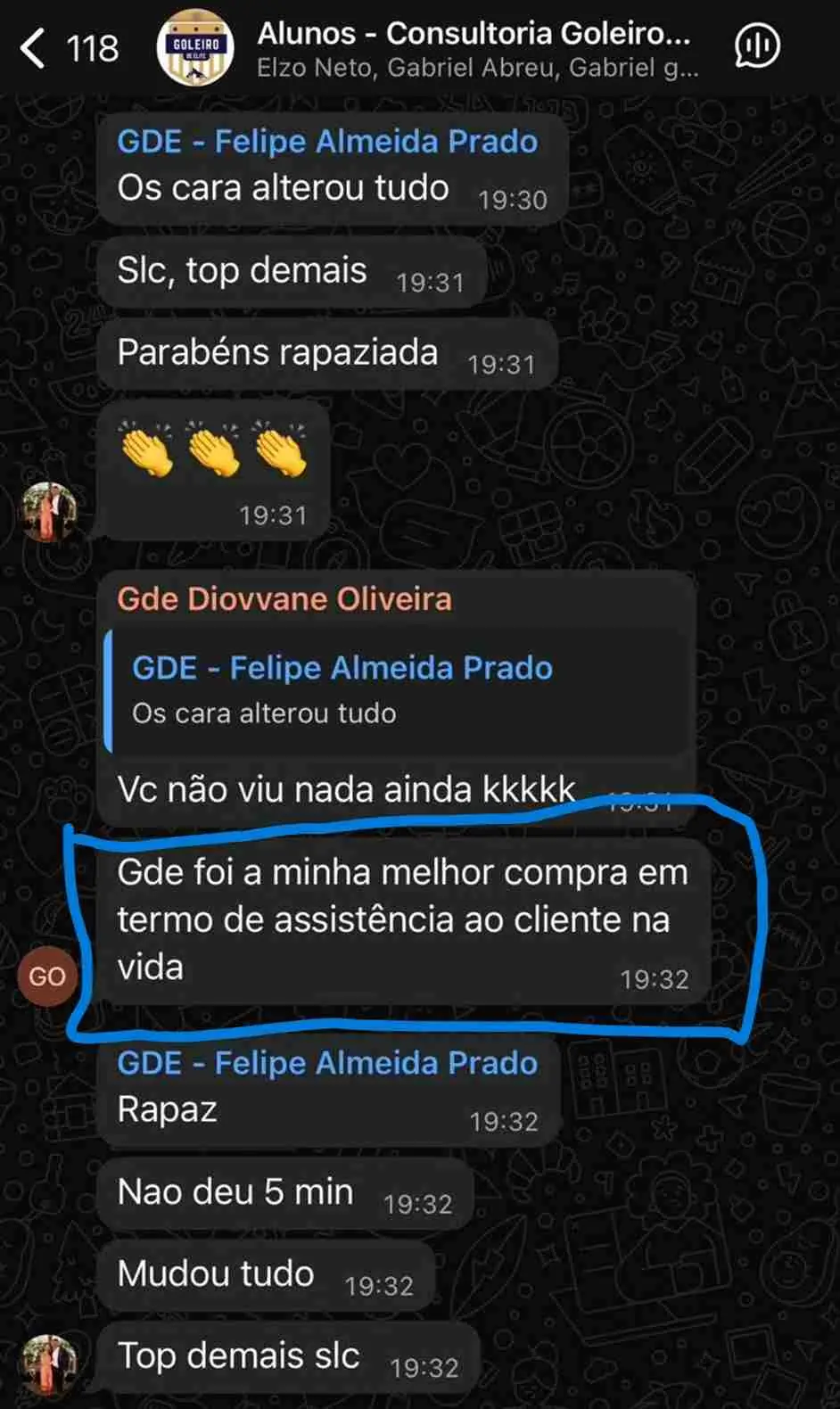 Print do grupo de alunos: GDE foi a melhor compra em assistência ao cliente