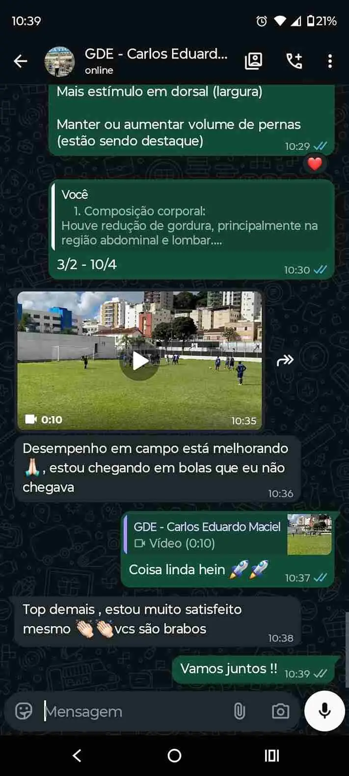 Print de WhatsApp: aluno relata que está chegando em bolas que não chegava