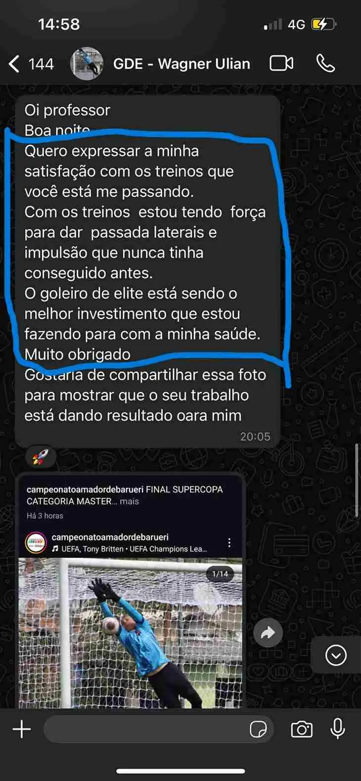 Print de WhatsApp: aluno relata força e impulsão que nunca tinha conseguido antes